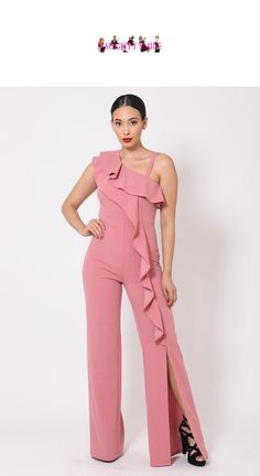 Casual Ruffled Stretch Jumpsuits And Rompers, Casual Stretch Jumpsuits And Rompers With Ruffles, Casual Stretch Jumpsuit With Ruffles, Stretch Ruffled Jumpsuits And Rompers For Summer, Pink Party Jumpsuits And Rompers With Ruffles, Chic Pink Ruffled Jumpsuits And Rompers, Pink Party Jumpsuits With Ruffles, Chic Pink Jumpsuits And Rompers With Ruffles, Spring Fitted Jumpsuits And Rompers With Ruffles