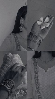 four different pictures of a woman holding something in her hand