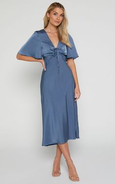 Nicholla Midi Dress - Ruched Front Angel Sleeve Slip Dress in Steel Blue | Showpo USA Dusty Blue Bridesmaid Dresses Midi, Dusty Blue Wedding Guest Dress, Summer Formal Dresses Wedding Guest, Steel Blue Dress, Blue Wedding Guest Dresses, Blue Satin Fabric, Dusty Blue Dress, Fancy Short Dresses, Casual Wedding Guest Dresses