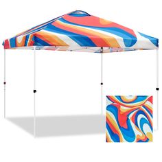 a colorful tent with an open side wall