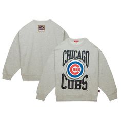 Enjoy a spirited callback to your MLB favorites' history by layering up with this Chicago Cubs Cooperstown Collection 3.0 sweatshirt from Mitchell & Ness. It features a classic Chicago Cubs logo printed across the chest and a lightweight design that makes it a great casual layering option for cooler temperatures. The integrated fleece provides added coziness, making this pullover the perfect cool-weather grab for any dedicated fan. Throwback Logo Print Sweatshirt For Fall, Fall Throwback Logo Print Sweatshirt, Throwback Sports Season Tops With Ribbed Cuffs, Throwback Crew Neck Top For Sports Season, Throwback Crew Neck Tops For College, Collegiate Crew Neck Sweater With Graphic Print, Throwback Crew Neck Sweatshirt With Logo Print, Throwback Sweatshirt For Game Day, Throwback Long Sleeve Tops With Team Logo