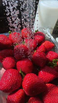 fresh strawberries being washed into a container with water pouring from the bottle behind them