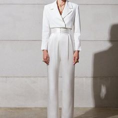 Pattern Type: Solid
Sleeve Style: Long Sleeves
Neckline: Turn Down Neckline
Length: Floor Length
Material: Polyester, Cotton
Composition: Polyester 85%, Cotton 15% White Long Sleeve Pantsuit For Fall, Elegant High-waist Sets For Fall, White Cropped Pants For Fall, White Fitted Long Sleeve Pantsuit, Elegant Cropped Pantsuit For Office, White Long Sleeve Pantsuit For Spring, Spring Solid Color Long Sleeve Pantsuit, White Long-sleeve Summer Pantsuit, White Long Sleeve Summer Pantsuit