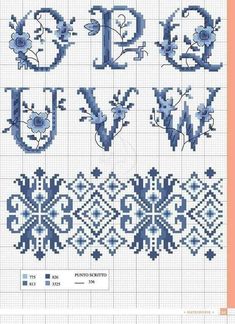 cross stitch alphabets with flowers and leaves on them, including the letter d in blue