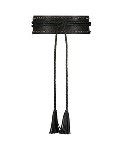 a black leather belt with tassels and beads on the ends is shown in front of a white background