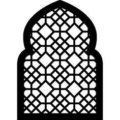 the silhouette of an ornate window with lattices on it's sides, and a white background