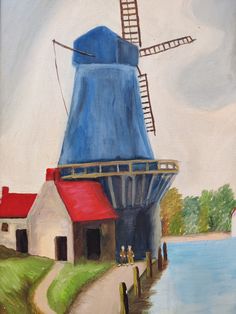 an oil painting of a windmill by the water