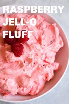 raspberry jello fluff in a white bowl