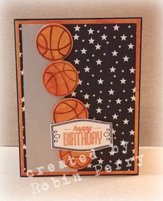 a birthday card with basketballs and stars