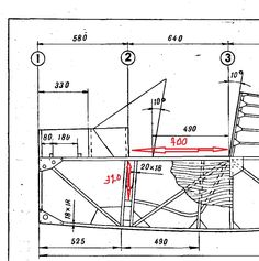 a drawing of a boat with red lines on the front and side, as well as numbers