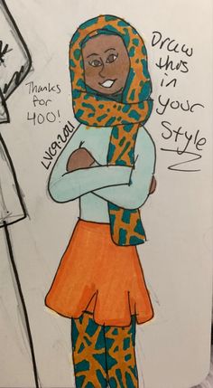 a drawing of a woman wearing an orange and blue dress with her arms crossed, standing next to a mannequin