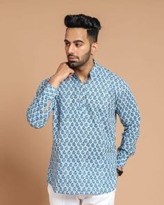 Item :- Cotton Print Shirts Men's casual summer shirt , made 100 % hand block printed shirt , lightweight , soft cotton , excellent for hot sticky summers . The shirt has a straight hem with two tiny side slits and simple chest pocket ,finished of with shell buttons . Men's Long sleeves Block PRINTED SHIRT This is 100 % Cotton Ajrakh hand block printed shirt Made in India 1. Indian Hand Block Printed Cotton Shirt 2. Printed with 100% Organic Colors 3. Used Organic Cotton For Shirt 4. With Coconu Cotton Block Print Relaxed Fit Top, Cotton Block Print Tops With Relaxed Fit, Traditional Relaxed Fit Cotton Shirt, Blue Cotton Tops With Printed Motifs, Cotton Shirt With Block Print And Relaxed Fit, Relaxed Fit Cotton Shirt With Block Print, Blue Block Print Relaxed Fit Top, Blue Relaxed Fit Top With Block Print, Traditional Cotton Block Print Tops