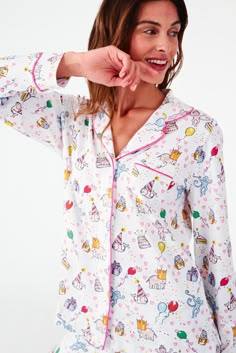 If "sleep" is on your birthday list, consider it done. The Long Sleeve Polo PJ Set is a classic cotton pajama set covered in party animals and yummy cakes. You deserve to celebrate, even if it's not your birthday. Button Front Closure Functional Breast Pocket Mid-Rise Elastic Waist Materials and Care 100% Premium Cotton Machine Wash Cold, With Like Colors Do Not Bleach, Tumble Dry Low (Line Dry Recommended) Imported Measurement Information Model Wears Size Small Size S Length: 25" (from Shoulder) Size S Sleeve Length: 24" (from Shoulder) Size S Inseam: 28.5" Size S Front Rise: 12.5” Womens Lounge Set, Rabbit Birthday, Rabbit White, Best Pajamas, Roller Rabbit, Girls Sleepwear, Set Cover, Cotton Pajama Sets, Sleepwear & Loungewear