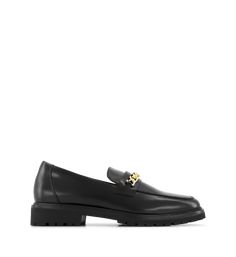 Elaenia Black Leather & Hardware Loafers | Bared Footwear Elegant Calf Leather Platform Loafers With Rubber Sole, Chic Calf Leather Platform Loafers For Work, Chic Flat Platform Loafers For Formal Occasions, Chic Formal Platform Loafers, Chic Formal Flat Platform Loafers, Chic Platform Loafers With Rubber Sole For Formal Occasions, Chic Calf Leather Almond Toe Loafers, Chic Platform Loafers With Leather Sole For Business, Chic Tassel Loafers With Leather Sole For Galas