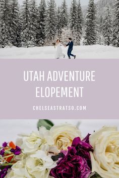 the ultimate utah adventure elopement with flowers in front of snow covered trees and evergreens