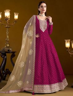 Dark Pink Chanderi Embroidered Anarkali Suit Online FABANZA UK Anarkali Lehenga Gowns, Long Anarkali Gown, Elegant Suit, Silk Anarkali, Gown With Dupatta, Anarkali Lehenga, Long Anarkali, Anarkali Salwar, Bridesmaid Saree