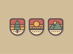 three badges with mountains, trees and sun in the middle one has an arrow on it