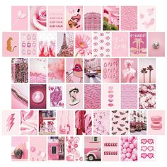 a collage of pink and white images