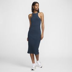 Grounded in style, comfort and versatility, meet our take on luxury loungewear. Our ribbed jersey is super soft and opaque, elevating your look with texture you can feel. A body-skimming fit makes this midi dress perfect for those low-key days when you want to feel chill but still put together. Athleisure Sleeveless Loungewear Dress, Fitted Sleeveless Midi Dress For Loungewear, Sporty Sleeveless Lounge Dresses, Sleeveless Ribbed Midi Dress For Loungewear, Sporty Sleeveless Loungewear Dresses, Casual Nike Sleeveless Dress, Nike Casual Sleeveless Dress, Fitted Ribbed Sleeveless Midi Dress, Stretch Knit Midi Dress Knee-length