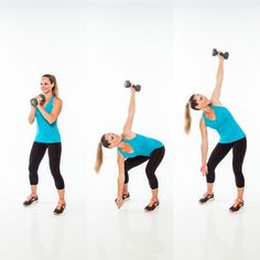 the woman is doing exercises with dumbbells in three different poses, both on one arm and two on the other