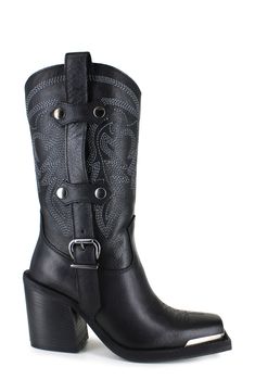 A snipped toe boasting a gleaming hardware plate refreshes the classically Western design of a water-resistant cowboy boot detailed with bold topstitching and buckled side straps. 3 1/2" heel; 1" platform 12 1/2" shaft; 11 1/2" calf circumference. Narrow calf Pull-on style Leather upper, lining and sole Made in Italy Western Design, Cowboy Boots Women, Cowboy Boot, Cowboy Boots, Womens Boots, Leather Upper, Cowboy, Black Leather, Water Resistant