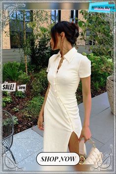 Sexy Shirt Collar Button-down Beveled Split Dress White Fashion Casual, Pencil Skirt Dress, High Street Fashion, Midi Sheath Dress, Midi Short Sleeve Dress, Turndown Collar, Hip Dress, Sleeve Dresses, Cream Dress