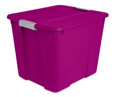 a purple plastic storage box with lid and handle on the side, isolated against a white background