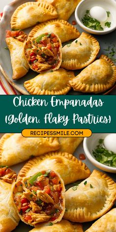 chicken empanadas with golden flaky pastries on a platter