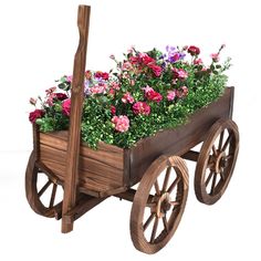 a wooden wagon filled with flowers on top of a white background