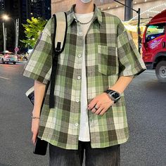 Hearujoy Summer Short Sleeved Shirt Men Fashion Retro Casual Shirt Men Streetwear Korean Loose Plaid Shirt Mens Shirts Large Size 5XL Material: COTTON Material: POLYESTER Shirts Type: Casual Shirts Applicable Scene: CASUAL Style: Casual The size is Asian size,it is 1-2 sizes smaller than Europe/US size.we suggest you to buy 1-2 sizes bigger than usual Please allow 1-3cm error due to manual measurement(Unit:CM) Casual Green Half Sleeve Shirt, Casual Plaid Short Sleeve T-shirt, Streetwear Korean, Graphic Print Shirt, Men Streetwear, Mens Short Sleeve Shirt, Men Shirt Style, Green And Khaki, Mens Streetwear