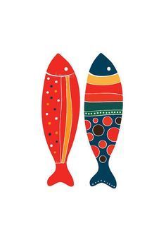 two fish are standing next to each other on a white background, one is red and the other is blue