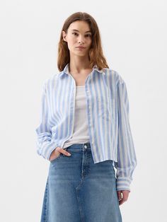 Cropped Linen-Blend Shirt Spring Shirt With Vertical Stripes And Shirttail Hem, Striped Shirt With Placket For Spring, Spring Striped Shirt With Button Cuffs, Casual Shirt With Vertical Stripes And Shirttail Hem, Striped Shirt With Button Cuffs For Summer, Summer Striped Shirt With Button Cuffs, Striped Tops With Pockets For Daywear, Striped Linen Top With Button Closure, Summer Wardrobe