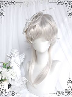 This price is for a wig only, others are not included. Hair Length : 55cm Bangs Length : 12cm Wig Details:Heat-resistant Synthetic Fiber / Net Closed Wefted Cap Construction / Straight White Wig Hairstyles, White Hair Bangs, Angelic Hairstyles, White Fluffy Hair, Angel Hairstyles, White Hair Short, Vocaloid Oc, White Hair Wig, White Short Hair