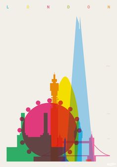 the london skyline is depicted in this colorful poster