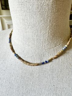 Bohemian blue handbeaded agate, jasper and heishi must! Timeless statement and layering go-to! -17” adjustable length Adjustable Hand-strung Necklaces For Layering, Adjustable Necklace For Layering, Bohemian Single Strand Lapis Lazuli Beaded Necklace, Bohemian Lapis Lazuli Beaded Necklace With Adjustable Fit, Adjustable Bohemian Lapis Lazuli Beaded Necklace, Earthy Beaded Blue Jewelry, Everyday Bohemian Blue Beaded Necklace, Everyday Blue Bohemian Beaded Necklace, Earthy Blue Jewelry For Festivals