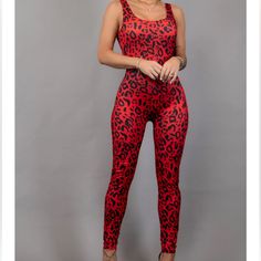 New With Tags! Still Sold New In Stores, In Limited Sizes. Fun Red Jumpsuit. Cheetah, Leopard, Animal Print Ribbed Fabric Sleeveless Scoop Neck Bodycon Stretchy Polyester/Spandex Dry Clean Casual Leopard Print Jumpsuits And Rompers For Party, Casual Fitted Leopard Print Jumpsuits And Rompers, Casual Fitted Leopard Print Jumpsuit/romper, Fitted Casual Leopard Print Jumpsuit, Casual Stretch Leopard Print Bodysuit, Red Fitted Casual Jumpsuits And Rompers, Red Fitted Casual Jumpsuit/romper, Red Fitted Casual Jumpsuit, Fitted Red Casual Jumpsuits And Rompers