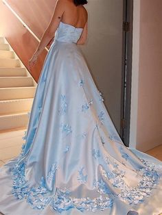 Strapless Light Blue Satin Floral Long Prom Dresses, Light Blue Formal — Bridelily Light Blue Dress Formal, Train Dresses, Prom Dresses Simple, Custom Prom Dress, Satin Hands, Long Prom Dresses, Blue Dress Formal, Prom Dresses Sleeveless, Blue Evening Dresses