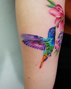 a colorful hummingbird tattoo on the arm