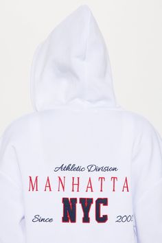 Available In White. Front Zip Front Screen Hooded Pockets Pair Back To "New York Embroidered Wide Leg Pant" 100% Polyester Imported | New York Cropped Zip Front Hoodie in White size XL by Fashion Nova White Urban Hoodie For College, White Varsity Sweatshirt With Drawstring Hood, White Varsity Hoodie For College, White Collegiate Hoodie For Fall, Collegiate White Hoodie For Fall, Oversized White Sports Hoodie, White College Hoodie With Logo Print, White Hoodie With Logo Print, White Collegiate Winter Sweatshirt