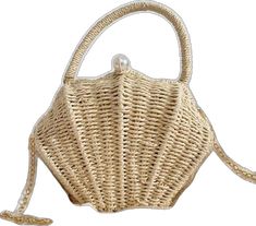 Summer Beach Bags Made Of Shell, Elegant Cream Beach Bag For Vacation, Elegant Beige Beach Bag, Elegant White Basket Straw Bag, Chic Beach Straw Bag With Pearl Handle, Chic Straw Beach Bag With Pearl Handle, Chic Straw Bag With Pearl Handle For Beach, Elegant Woven Basket Beach Bag, Chic Straw Bag With Pearl Handle For Vacation