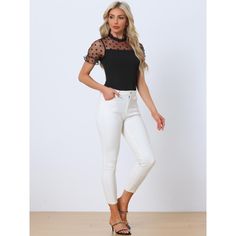 This cute lace bodysuit featuring a crew neck, puff short sleeve, mesh panel, luxurious, stylish. It is detailed with sheer contrast mesh trims with polka dots on it, so dressy and impressive to show off your charm and curve. Perfect with jeans, shorts, leather skirts, skirts, trousers, jackets, and blazers. A lace style bodysuit to meet your daily wear needs. Elegant Short Sleeve Bodysuit For Spring, Fitted Mesh Top With Short Mesh Sleeves, Fitted Mesh Top With Short Sleeves, Chic Short Sleeve Party Bodysuit, Party Mesh Top With Sheer Short Sleeves, Elegant Short Sleeve Bodysuit For Party, Elegant Short Sleeve Party Bodysuit, Chic Short Sleeve Mesh Top With Sheer Sleeves, Party Bodysuit With Short Sleeves