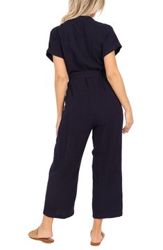 A defining tie tethers the waist of this lightweight linen jumpsuit designed with abbreviated sleeves and cropped legs. Front button closure V-neck Short sleeves Removable belt Side patch pockets 100% linen Hand wash, dry flat Imported Designer Jumpsuits, Linen Jumpsuit, Top Brands, Size 2, Jumpsuit, Hand Wash, Short Sleeves, Nordstrom, V Neck