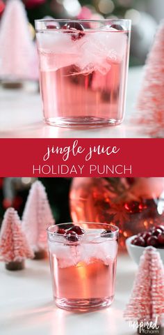 a glass filled with pink liquid next to small plastic christmas trees and the words, simple spice holiday punch