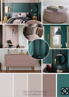 a collage of photos with different colors and furniture in it, including a bed, dresser