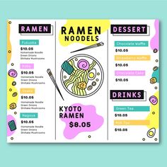 a menu for ramen noodles on a blue background