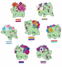 six cartoon elephants with flowers on their heads and one elephant holding a flower in its mouth