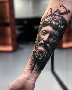 Markus Aurelius tattoo Stoicism Tattoo, Marcus Aurelius Tattoo, Forearm Cover Up Tattoos, Balinese Tattoo, Roman Tattoo, Medusa Tattoo Design, Forearm Band Tattoos, L Tattoo