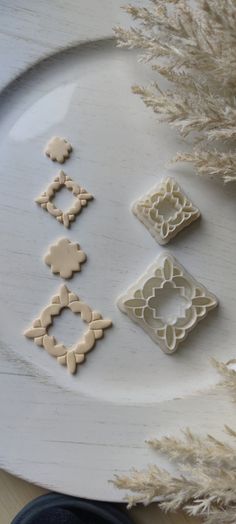 some cookies are on a white plate next to dried grass