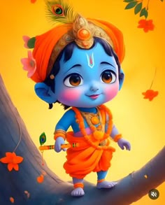 a painting of a little boy dressed in an orange outfit standing on a tree branch