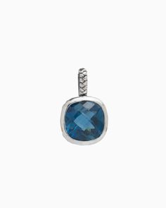 The Square Stone Pendant features a faceted London blue topaz stone set in sterling silver with a unique petroglyph texture. Take notice of the twisted detailing on the bail which adds a playful touch. Pair with your favorite chain, sold separately. Metal: Sterling silver Stone: London blue topaz Dimensions: 23mm x 14mm Stone Size: 12mm x 12mm Style #: P246Lb Blue Topaz Faceted Jewelry, Faceted Blue Topaz Jewelry, Sterling Silver Sapphire Gemstones, Sterling Silver Sapphire Gemstones With Accents, Faceted Blue Sterling Silver Gemstones, Sapphire Gemstones With Sterling Silver, Blue Topaz Pendant Jewelry With Accent Stones, Faceted Sterling Silver Gemstones For Formal Occasions, Elegant Turquoise Gemstones In Sterling Silver